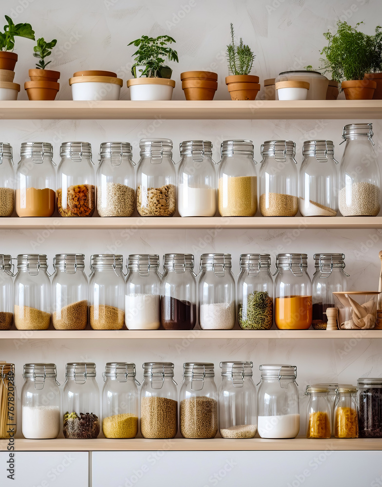 Home interior design, shelves and food storage space in the house, pantry organization Home interior design, shelves and food storage space in the house, pantry organization