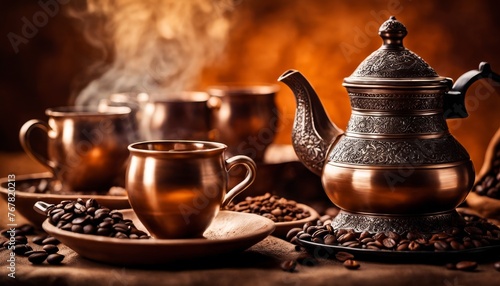 An elegant antique teapot and matching cups surrounded by coffee beans, depicting a warm, traditional coffee serving arrangement.
