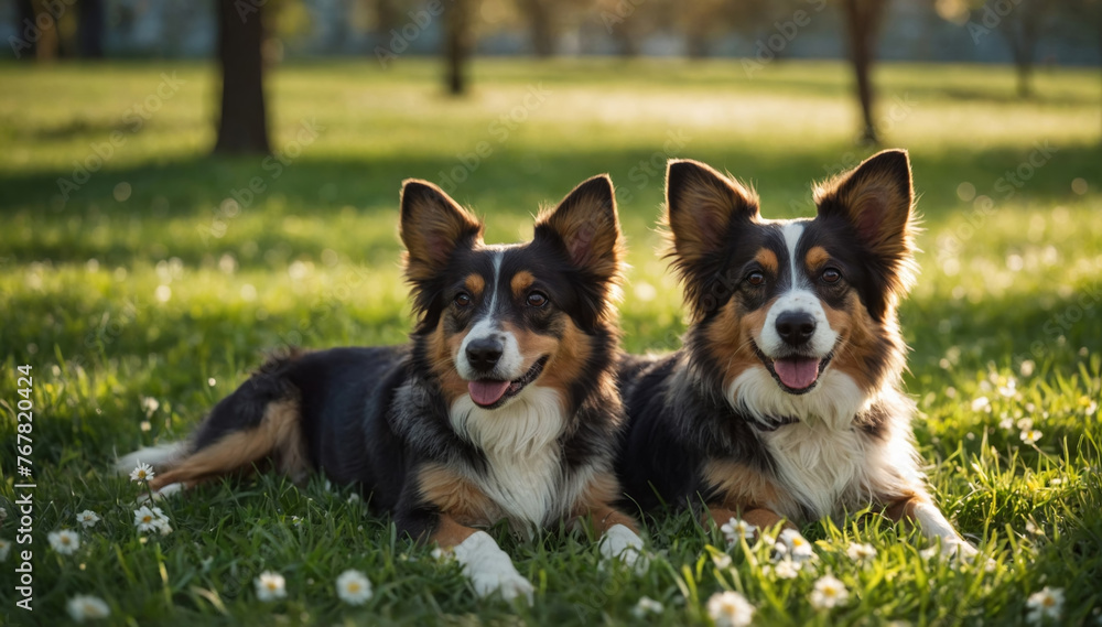 Cute dogs lying together on a green grass field nature in a spring sunny background