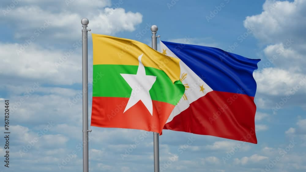 Philippines and Myanmar two flags waving together, looped video, two country cooperation concept Philippines and Myanmar two flags waving together, looped video, two country cooperation concept