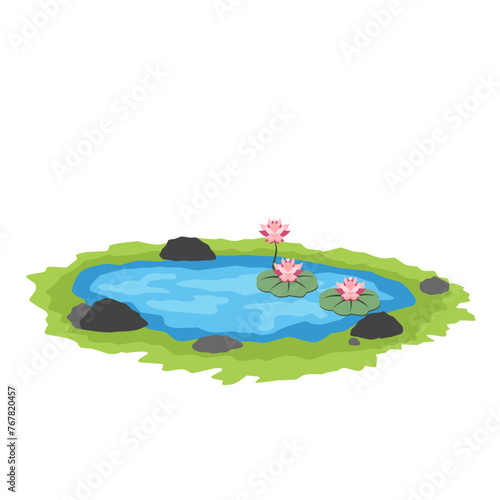 Illustration of a pond with lotus flower plants