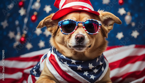 Cute dog wear festive clothes in american flag colors. Independence Day or flag day © Mystery