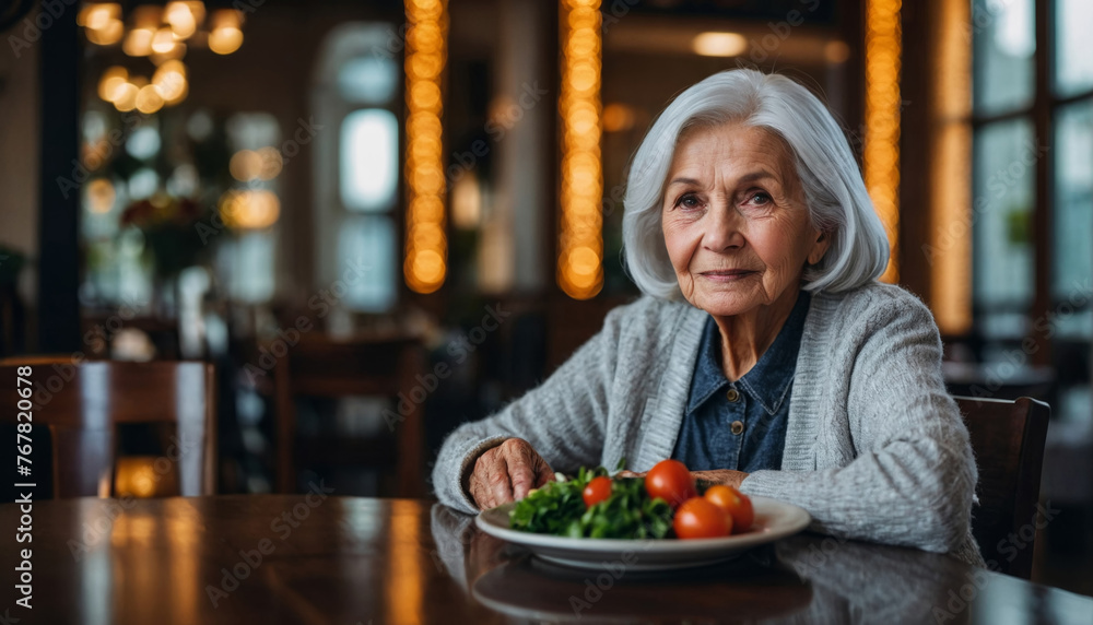 Elderly Woman with silver hair is dining indoor