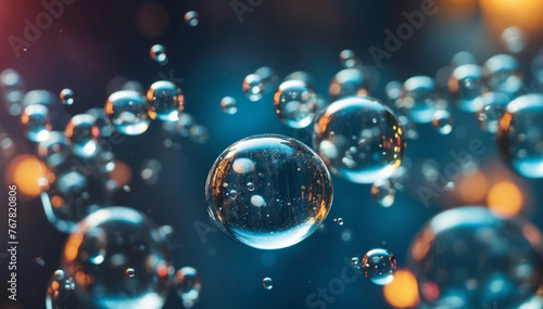 Ethereal soap bubbles float gracefully in a serene blue environment with a bokeh light effect.