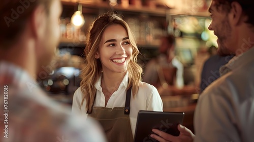 Smiling waitress serving customers in a cozy cafe. Friendly service, casual attire. Capturing everyday moments in hospitality. Perfect for marketing. AI
