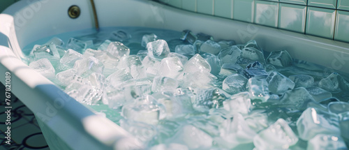 A bathtub filled with ice presents an extreme contrast of comfort. photo