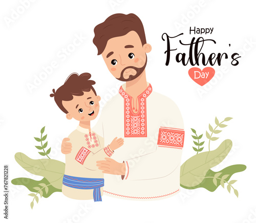 Happy Father's Day card. Ukrainian bearded man dad with son in traditional embroidered clothes, vyshyvanka on white background. Festive nation character family. Vector illustration