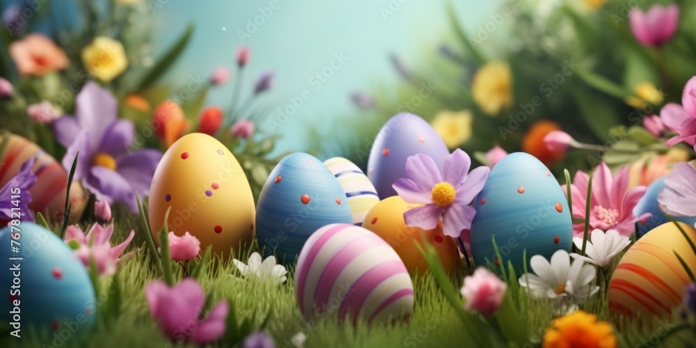 Easter background with eggs, bunnies and flowers Generative AI