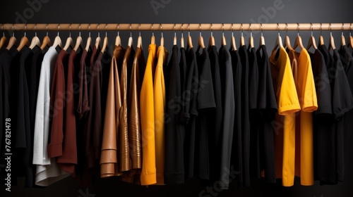 set of women's clothing in black in different colors on hangers, a concept for fashion,