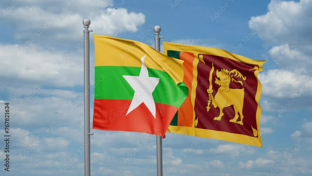 Sri Lanka and Myanmar two flags waving together, looped video, two country cooperation concept Sri Lanka and Myanmar two flags waving together, looped video, two country cooperation concept