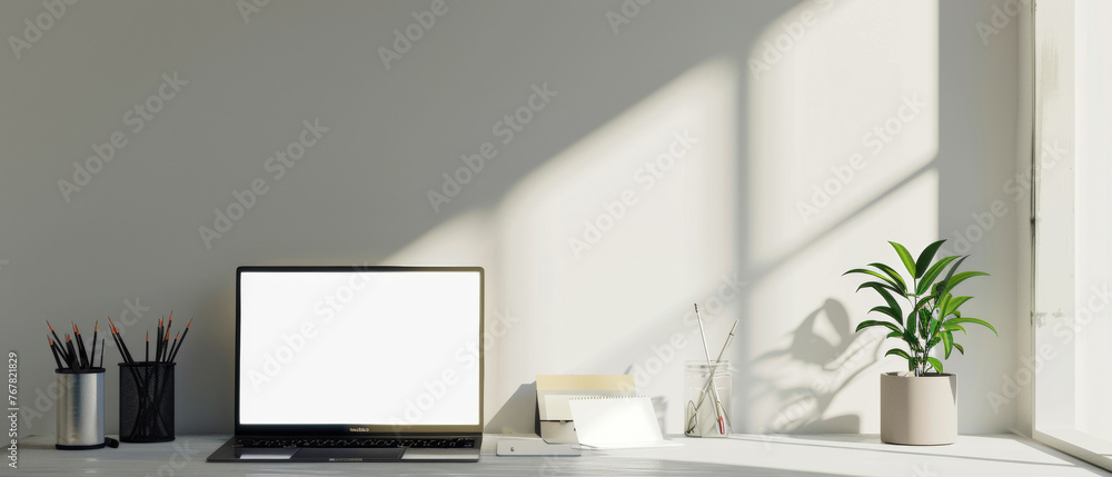 Sleek workspace with a blank laptop screen, ready for fresh ideas and productivity. Sleek workspace with a blank laptop screen, ready for fresh ideas and productivity.