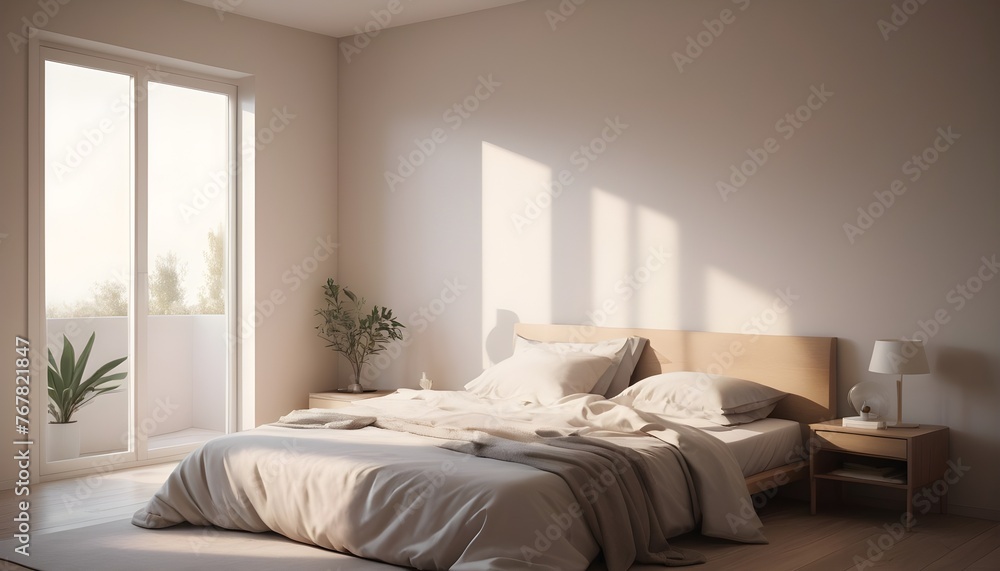 Minimal Scandinavian contemporary bedroom with sunlight. Simplistic Home