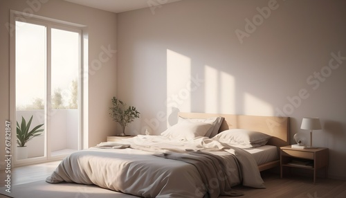 Minimal Scandinavian contemporary bedroom with sunlight. Simplistic Home © Gia