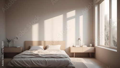 Minimal Scandinavian contemporary bedroom with sunlight. Simplistic Home