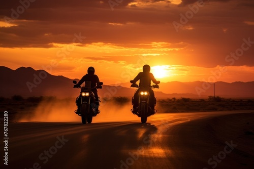 motorcycles are silhouetted against a sunset in a vast, tranquil desert,