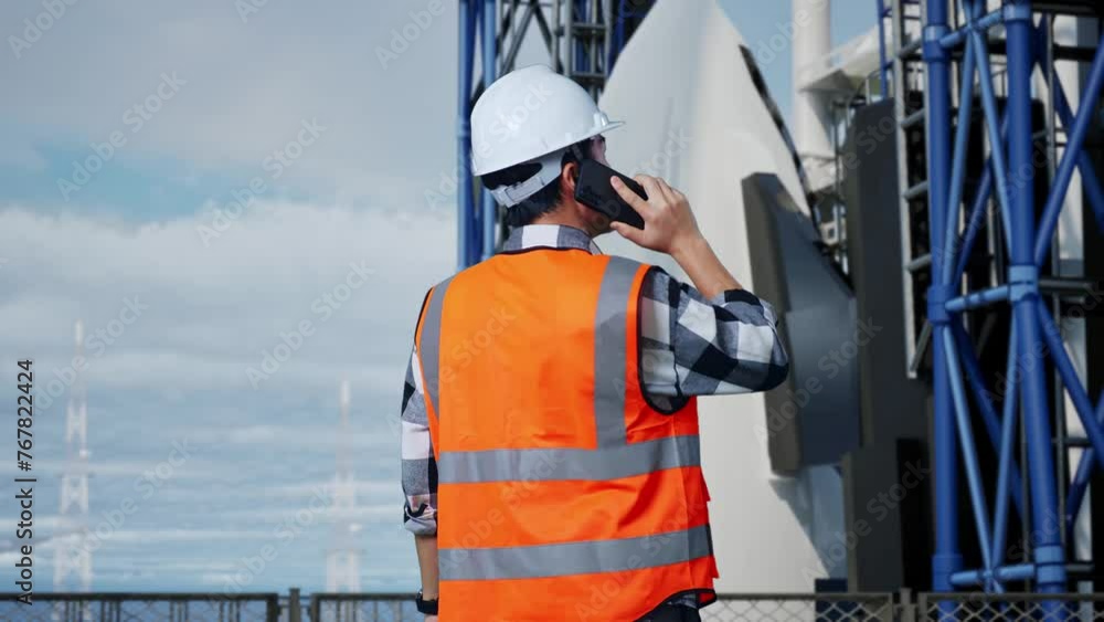 Back View Of Asian Male Engineer With Safety Helmet Talking On Smartphone While Standing With Space Shuttle Back View Of Asian Male Engineer With Safety Helmet Talking On Smartphone While Standing With Space Shuttle