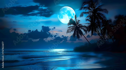A serene and mystical night at a tropical beach where the moon illuminates the sky.