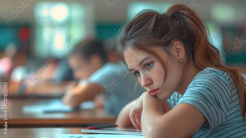 High school students undergo stressful classroom exams. Students at a university of many nationalities,