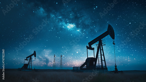 an oil pumpjack in operation against a sunset, fuel oil industry. silhouette of an oil pump at sunset.