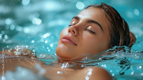 Portrait of beautiful young woman relaxing in swimming pool with closed eyes.