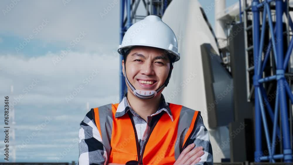 Close Up Of Asian Male Engineer With Safety Helmet Crossing His Arms And Smiling To Camera While Standing With Space Shuttle Close Up Of Asian Male Engineer With Safety Helmet Crossing His Arms And Smiling To Camera While Standing With Space Shuttle
