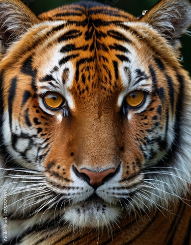 Close-up of a tiger s face  showcasing its vivid orange fur  striking black stripes  and deep  mesmerizing amber eyes.