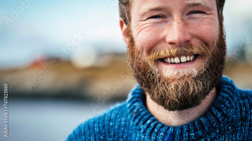 A cheerful bearded nordic man in a blue sweater smiling broadly outdoors.
