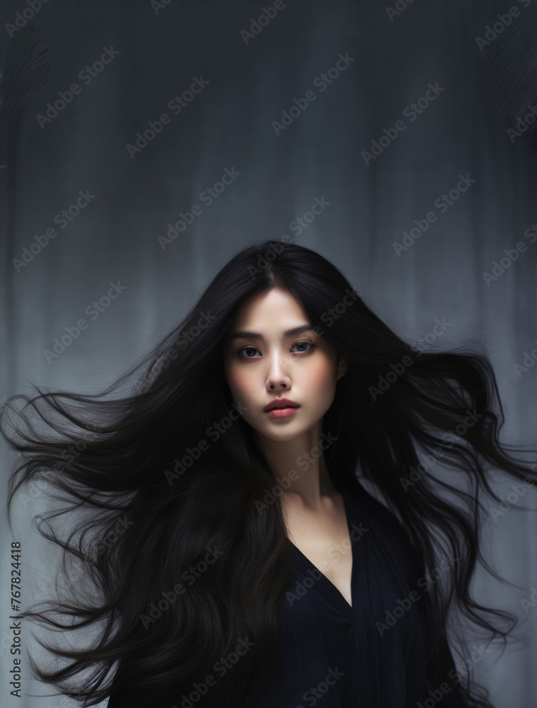 a girl draped in black stands against a gray backdrop, her long ebony hair gently tousled by the wind, creating a captivating and atmospheric scene. a girl draped in black stands against a gray backdrop, her long ebony hair gently tousled by the wind, creating a captivating and atmospheric scene.