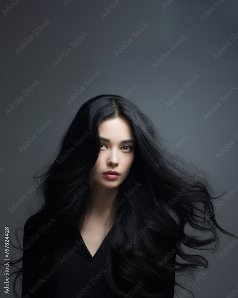 a girl draped in black stands against a gray backdrop, her long ebony hair gently tousled by the wind, creating a captivating and atmospheric scene. a girl draped in black stands against a gray backdrop, her long ebony hair gently tousled by the wind, creating a captivating and atmospheric scene.