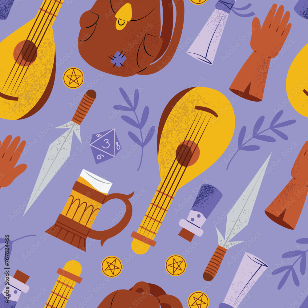 Seamless pattern with Bard RPG character goods, hand drawn vector illustration