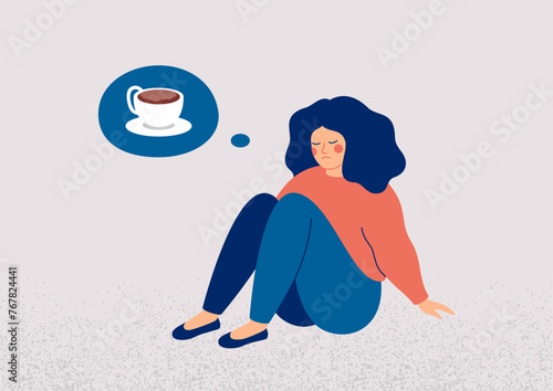 Tired Woman thinking about coffee cup. Drowsy female person has addiction from Caffeine. Girl with low energy has Unhealthy food habits. Vector illustration