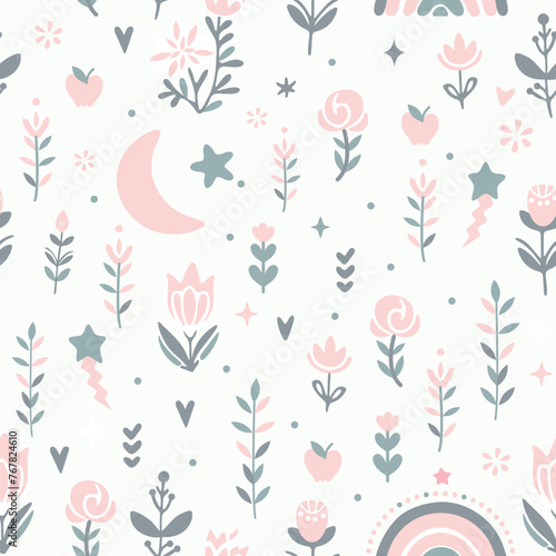 Seamless pattern with cute rainbows, florals, hearts and stars, vector image of 6 colors, suitable for silk screen printing