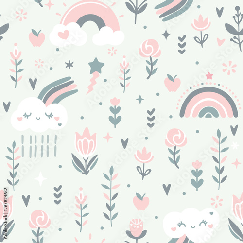 Seamless pattern with cute rainbows and clouds, florals, hearts and stars, vector image of 6 colors, suitable for silk screen printing