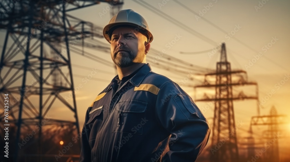 engineer in uniform checks high voltage electric transmission tower.