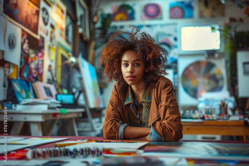 Fototapeta premium Young Artist Contemplating Creative Process in Vibrant Artsy Studio Surrounded by Colorful Paintings and Graffiti