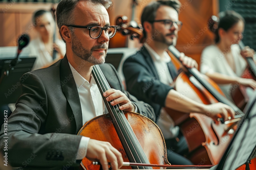 Fototapeta premium Professional Classical Musicians Performing in Symphony Orchestra Concert with Focus on Cellist