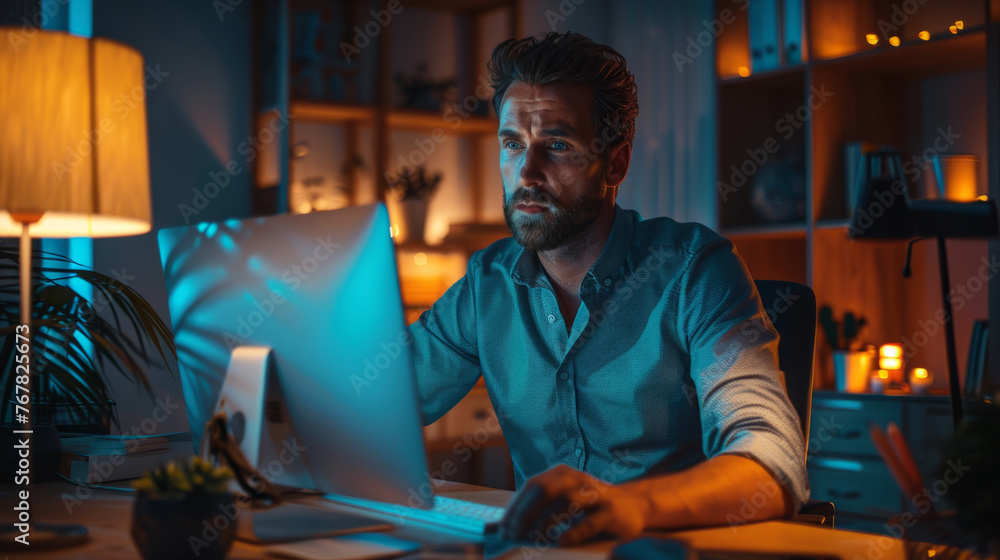A focused man works late at night in a home office, lit by the glow of a desk lamp and computer screens, surrounded by bookshelves.