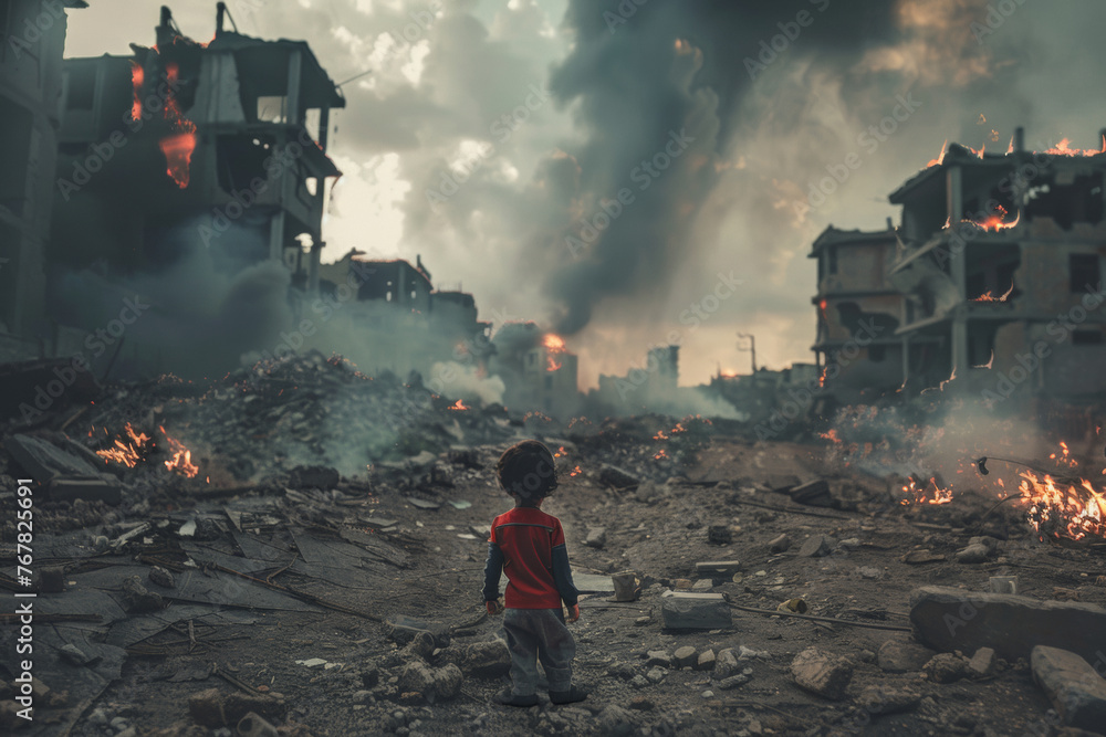Fototapeta premium A lone child amidst the devastation of a smoky, fiery urban wreckage.