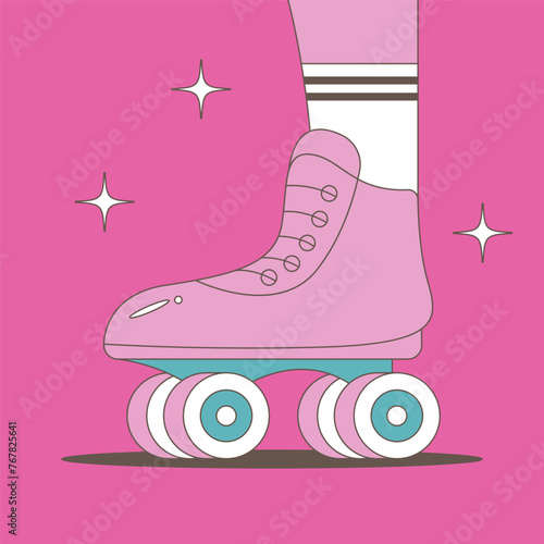 Leg of girl in retro roller skate and sock. Roller skating woman. 70s or 80s roller disco concept. Flat vector illustration