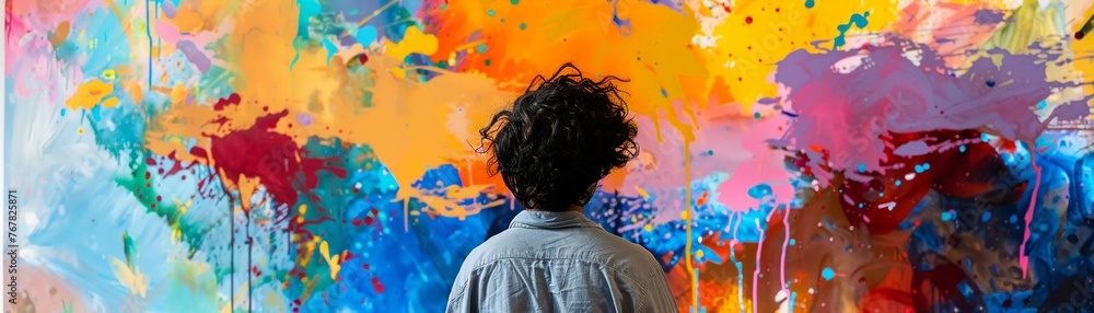 An artist unveiling a new piece with a colorful backdrop - obrazy, fototapety, plakaty 