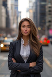 Confident businesswoman stands on a bustling city street, arms crossed, wearing a black suit and white blouse. Blurred urban background with taxis.