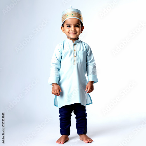 portrait of a Muslim India toddler boy in isolated white background.