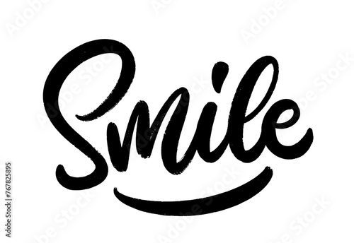 Smile - hand drawn word in calligraphy style. Vector hand lettering composition. Handwritten text design.