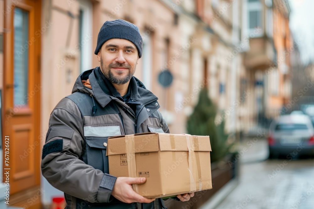 Smiling Delivery Man in Warm Winter Clothes Holding Cardboard Boxes on Urban Street Background Smiling Delivery Man in Warm Winter Clothes Holding Cardboard Boxes on Urban Street Background