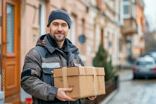 Smiling Delivery Man in Warm Winter Clothes Holding Cardboard Boxes on Urban Street Background © pisan