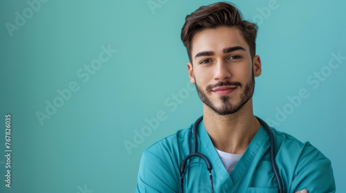 Confident young male healthcare professional with a stethoscope around his neck, standing against a soft blue background, wearing teal medical scrubs and smiling gently at the camera. photo
