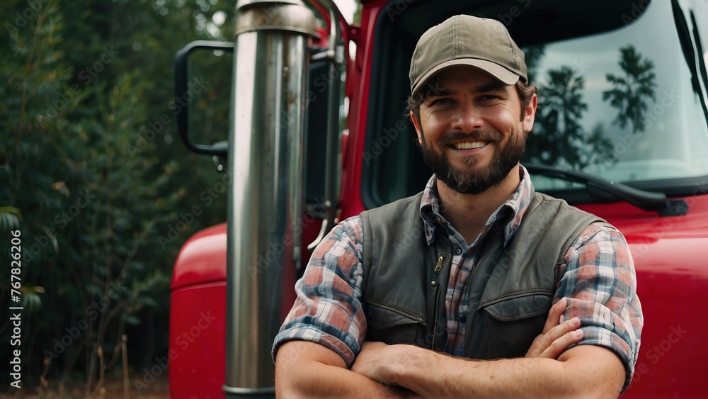 Western male truck driver standing in front of his truck, arms crossed Western male truck driver standing in front of his truck, arms crossed