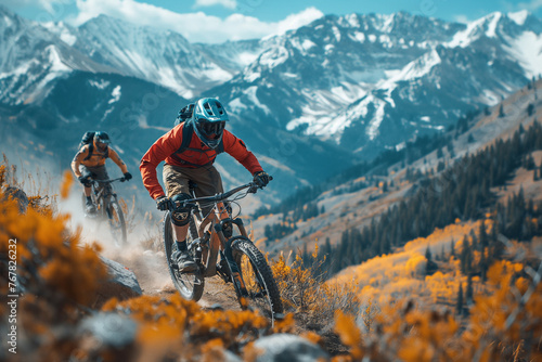 A daring mountain biker soaring through the air off a jump, embracing the thrill of adventure and the challenge of extreme sports in the mountainous wilderness.
