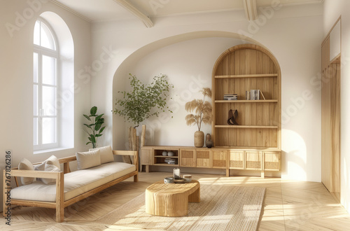 A living room with wooden furniture  white walls and arched doorways. The light wood floor and empty wall for mockups. There is also a sofa on the left side and some plants in vases placed around it