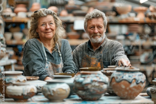 Senior Couple Smiling in Pottery Workshop Amidst Handcrafted Ceramic Pots